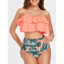 Ruffle Leaf Pattern Halter Bikini Set - Orange Pink