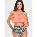 Ruffle Leaf Pattern Halter Bikini Set - Orange Pink