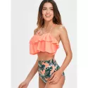 Ruffle Leaf Pattern Halter Bikini Set - Orange Pink