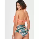 Ruffle Leaf Pattern Halter Bikini Set - Orange Pink