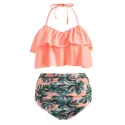 Ruffle Leaf Pattern Halter Bikini Set - Orange Pink
