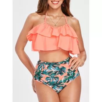 Ruffle Leaf Pattern Halter Bikini Set - Orange Pink