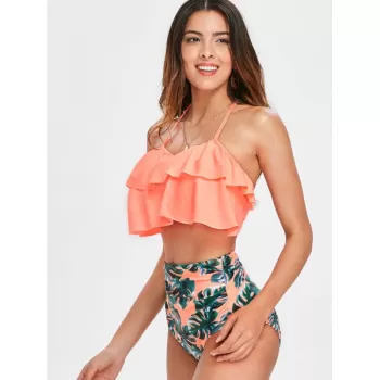 Ruffle Leaf Pattern Halter Bikini Set - Orange Pink