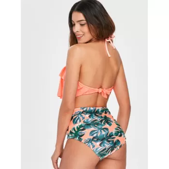Ruffle Leaf Pattern Halter Bikini Set - Orange Pink