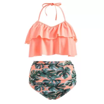 Ruffle Leaf Pattern Halter Bikini Set - Orange Pink