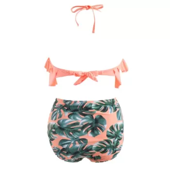 Ruffle Leaf Pattern Halter Bikini Set - Orange Pink