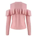 Ruffled Cutout Shoulder Tee - Pig Pink