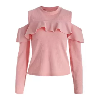 Ruffled Cutout Shoulder Tee - Pig Pink