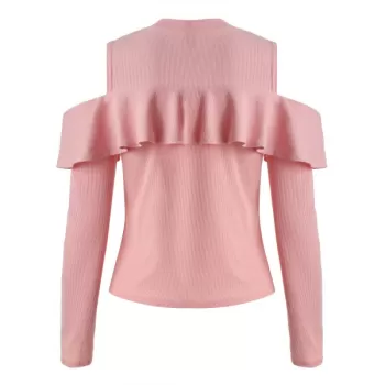 Ruffled Cutout Shoulder Tee - Pig Pink