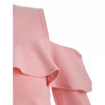 Ruffled Cutout Shoulder Tee - Pig Pink