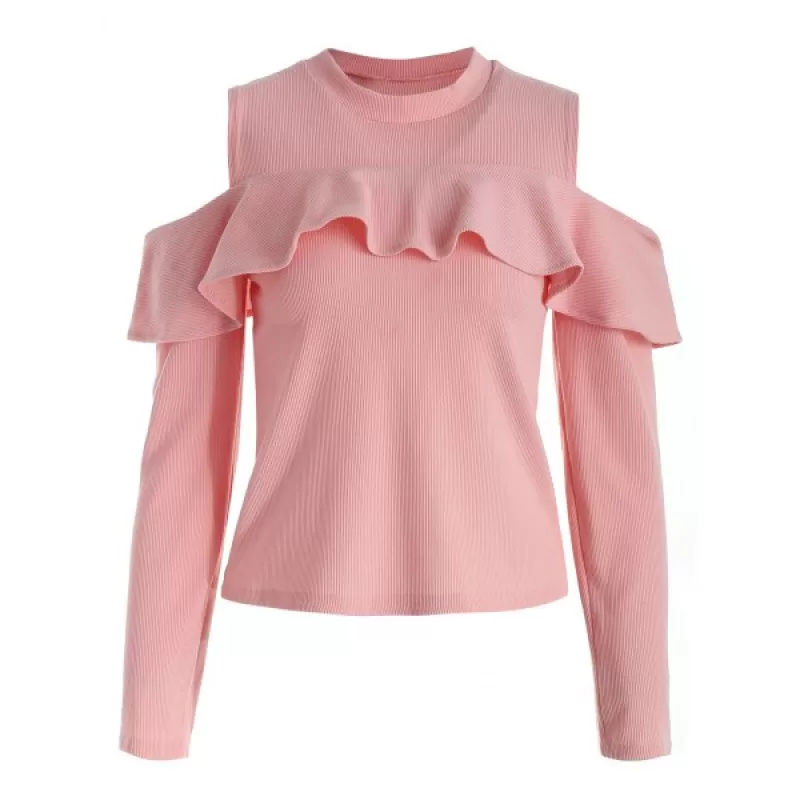 Ruffled Cutout Shoulder Tee - Pig Pink