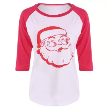 Santa Print Raglan Sleeve Christmas Tee - Red
