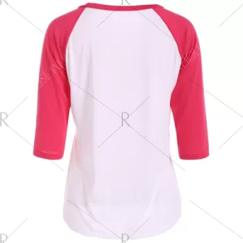 Santa Print Raglan Sleeve Christmas Tee - Red