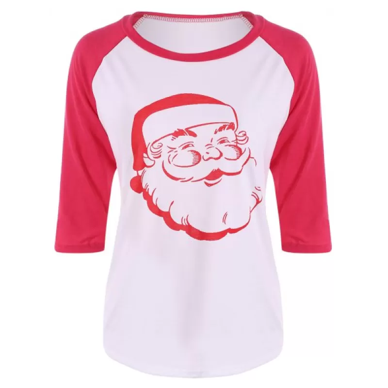 Santa Print Raglan Sleeve Christmas Tee - Red