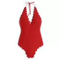 Scalloped Ribbed Halter Surplice One-piece Swimsuit - Red