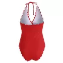 Scalloped Ribbed Halter Surplice One-piece Swimsuit - Red