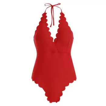 Scalloped Ribbed Halter Surplice One-piece Swimsuit - Red