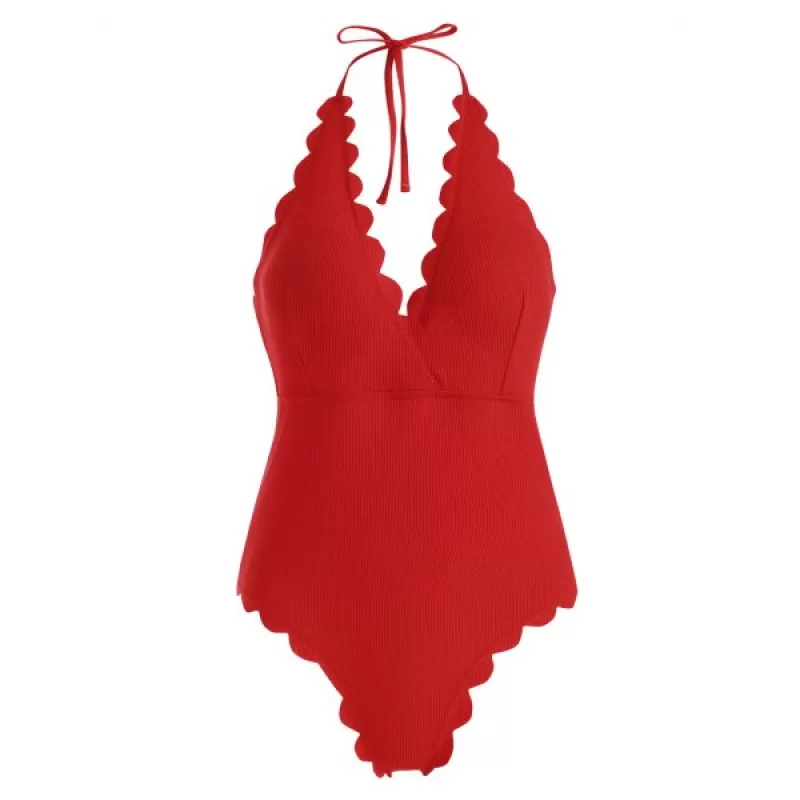 Scalloped Ribbed Halter Surplice One-piece Swimsuit - Red