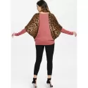 Scoop Neck Color Splicing Leopard Print Long Sleeves Loose-Fitting Women's Sweater - Red One