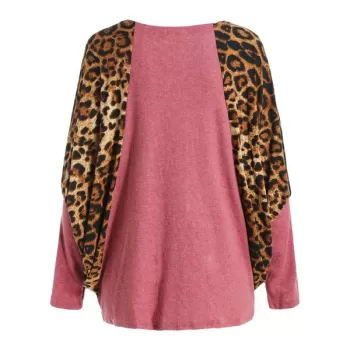 Scoop Neck Color Splicing Leopard Print Long Sleeves Loose-Fitting Women's Sweater - Red One
