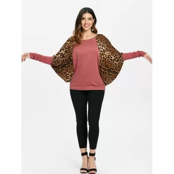 Scoop Neck Color Splicing Leopard Print Long Sleeves Loose-Fitting Women's Sweater - Red One