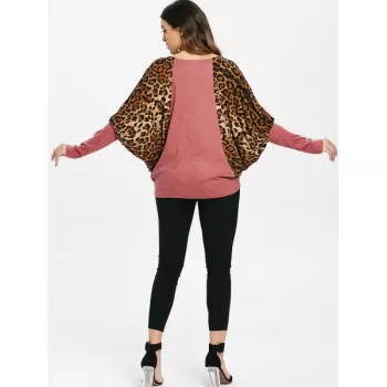 Scoop Neck Color Splicing Leopard Print Long Sleeves Loose-Fitting Women's Sweater - Red One