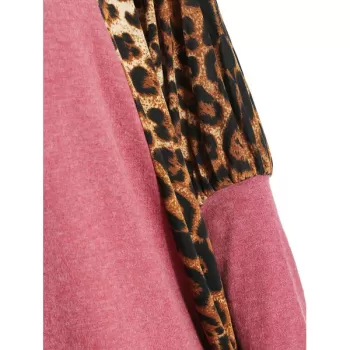 Scoop Neck Color Splicing Leopard Print Long Sleeves Loose-Fitting Women's Sweater - Red One