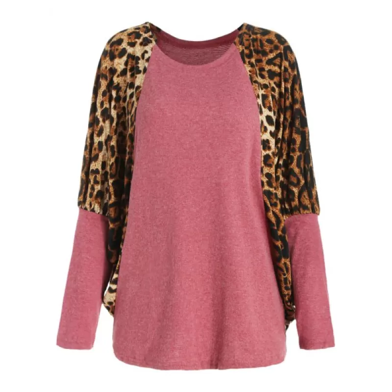 Scoop Neck Color Splicing Leopard Print Long Sleeves Loose-Fitting Women's Sweater - Red One