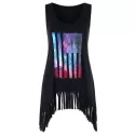 Scoop Neck Galaxy Print Fringe Tank Top - Black