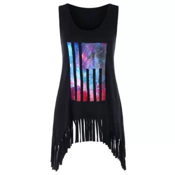 Scoop Neck Galaxy Print Fringe Tank Top - Black