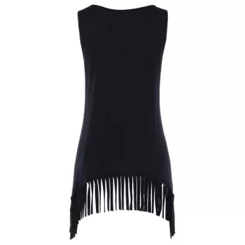 Scoop Neck Galaxy Print Fringe Tank Top - Black