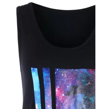 Scoop Neck Galaxy Print Fringe Tank Top - Black