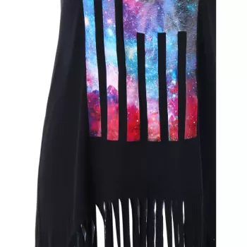 Scoop Neck Galaxy Print Fringe Tank Top - Black