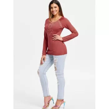 coop Neck Lace Panel Plain T-shirt - Watermelon Pink