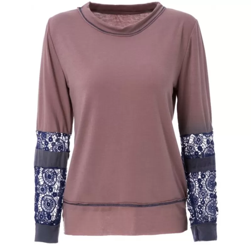 Scoop Neck Long Sleeve Tie-Dyeing  T-Shirt For Women - Coffee