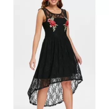Scoop Neck Sleeveless Lace Dress - Black