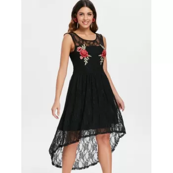 Scoop Neck Sleeveless Lace Dress - Black