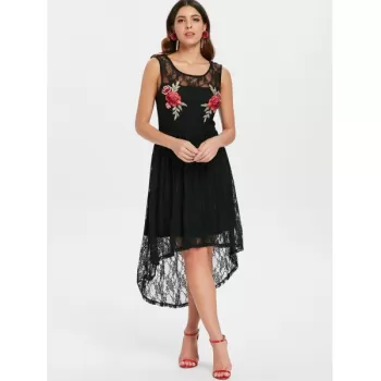 Scoop Neck Sleeveless Lace Dress - Black