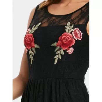Scoop Neck Sleeveless Lace Dress - Black