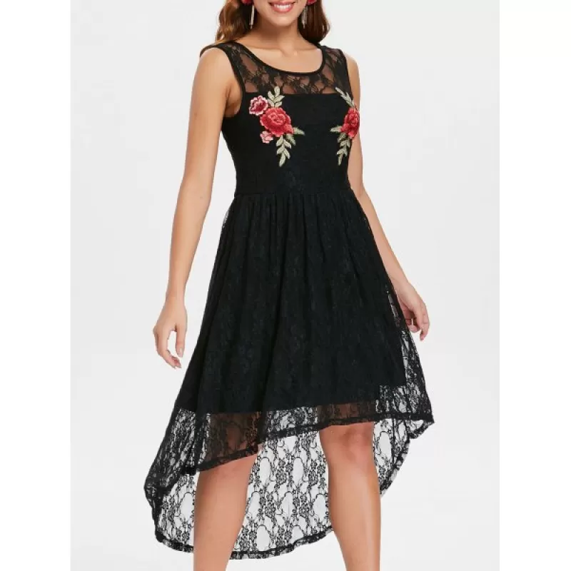 Scoop Neck Sleeveless Lace Dress - Black