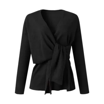 Self Tie Solid Drop Shoulder Sweater - Black