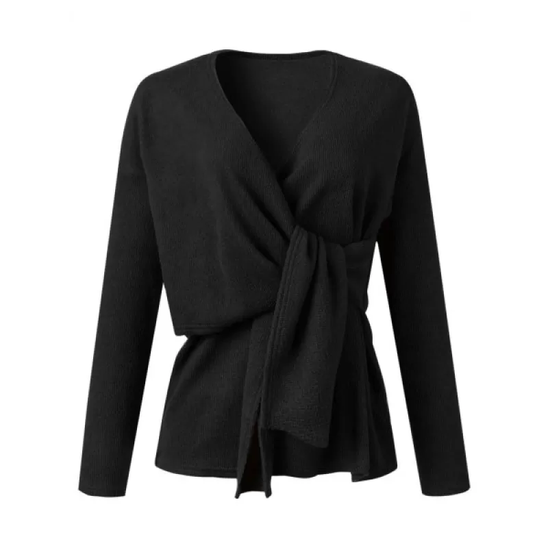 Self Tie Solid Drop Shoulder Sweater - Black