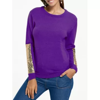 Sequin Panel Pullover Knit Sweater - Purple