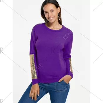Sequin Panel Pullover Knit Sweater - Purple
