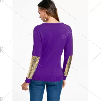 Sequin Panel Pullover Knit Sweater - Purple