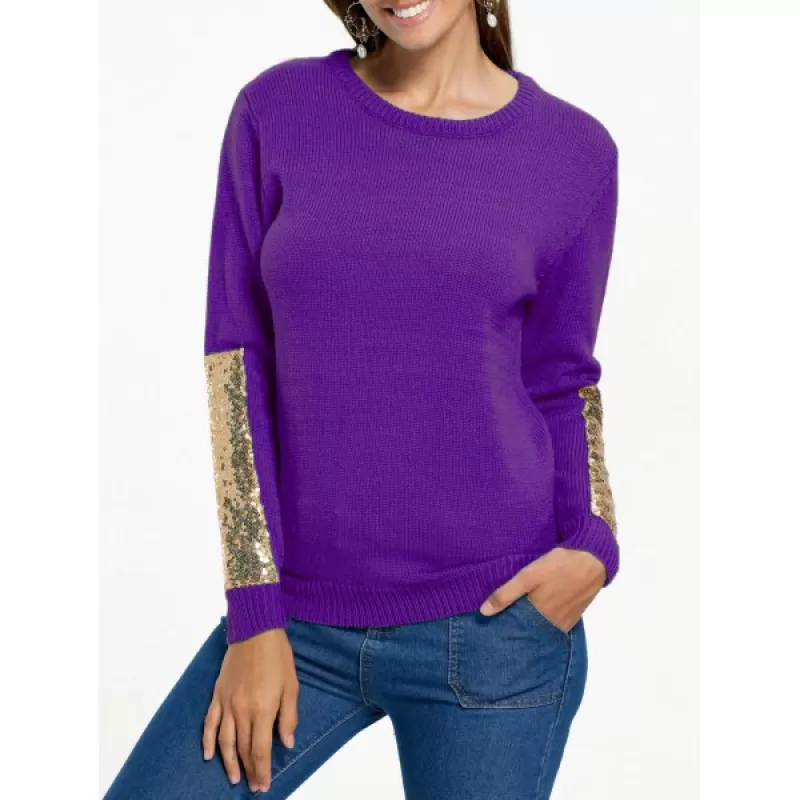 Sequin Panel Pullover Knit Sweater - Purple