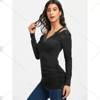 Sequin Ruched Criss Cross T-shirt - Black