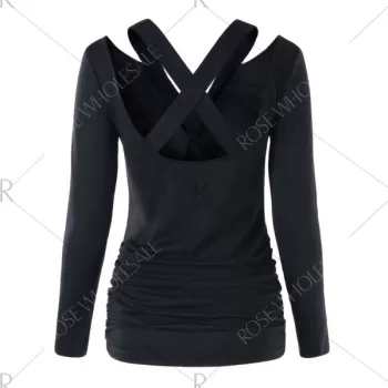 Sequin Ruched Criss Cross T-shirt - Black