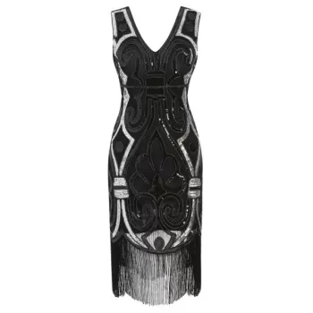 equined leeveless heath Flapper Dress - Black