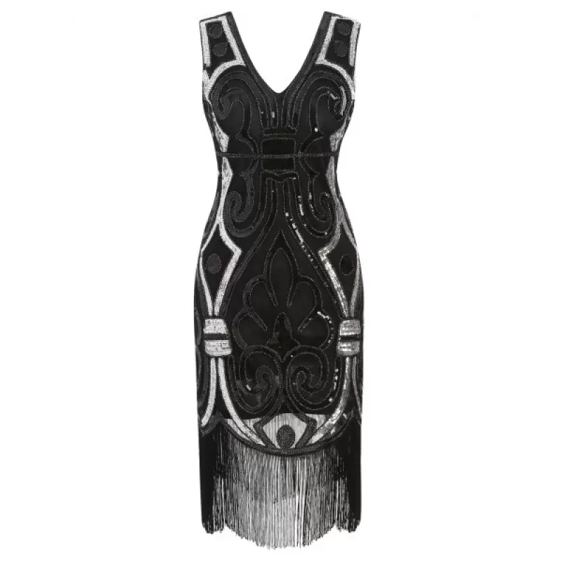 equined leeveless heath Flapper Dress - Black